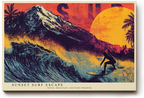 Paul Sinus Wandbild 120x80cm Surfer Sonnenuntergang moderne Strand Kunst orange lila Kunstdruck grosses Wandbild 120x80cm dynamische Wanddekoration fuer Wohnzimmer Büro