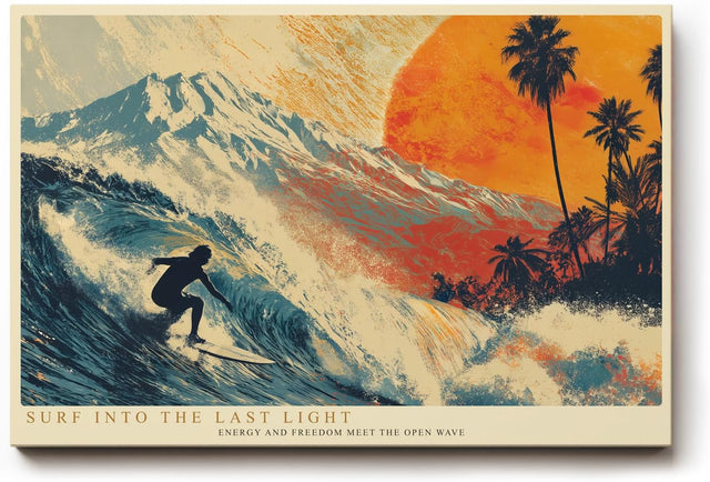 Paul Sinus Wandbild 120x80cm Surfer Welle Sonnenuntergang tropische Kunst modern Kunstdruck grosses Kunstbild dynamische Wanddekoration fuer Wohnzimmer Büro