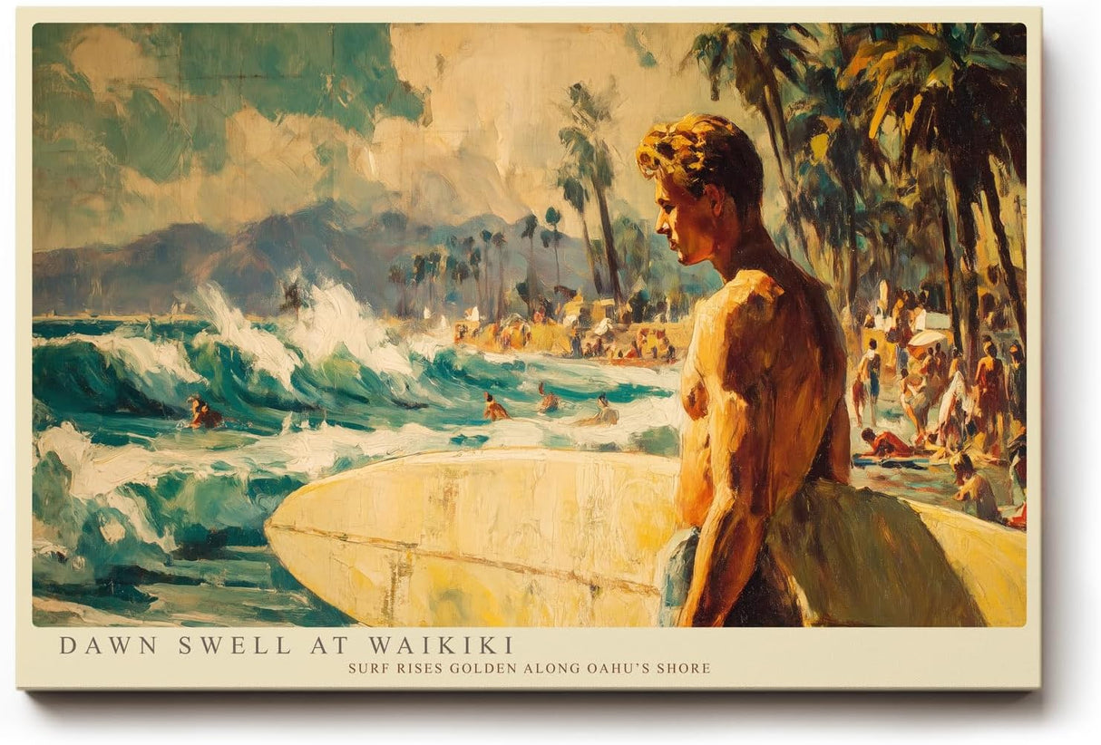 Paul Sinus Wandbild 120x80cm Surfer am Strand von Waikiki Tropische Meereskunst mit Wellen und Palmen fuer moderne Wohnräume