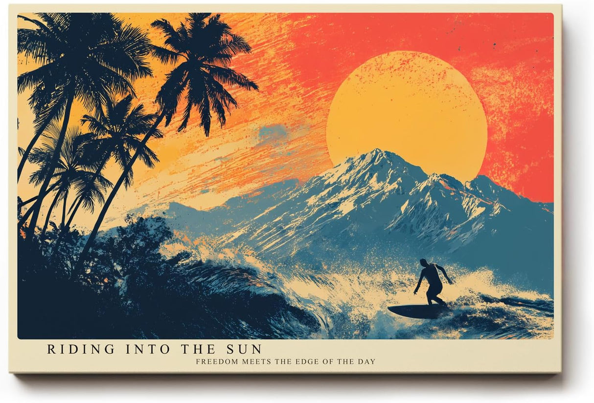 Paul Sinus Wandbild 120x80cm Surfer tropische Landschaft Sonne Palmen Berge modernes Retro Kunstbild stilvolle Wanddekoration fuer Wohnzimmer Büro