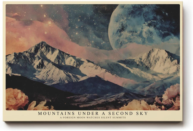 Paul Sinus Wandbild 120x80cm Surreale Berge Mond Landschaft Moderne Fantasy Natur Kunstmotiv mit kosmischem Himmel