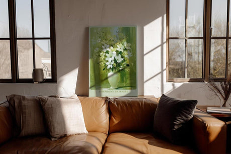 Paul Sinus Wandbild in 40x60cm Symphony in White stilvolles Stillleben mit weißen Lilien und Blüten in Vase vor grünem Hintergrund