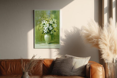 Paul Sinus Wandbild in 40x60cm Symphony in White stilvolles Stillleben mit weißen Lilien und Blüten in Vase vor grünem Hintergrund