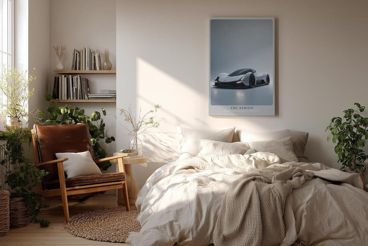 Paul Sinus Wandbild in 40x60cm The Aerion – Elegantes Supersportwagen-Design in Weiß mit schwarzen Akzenten vor minimalistischem Hintergrund