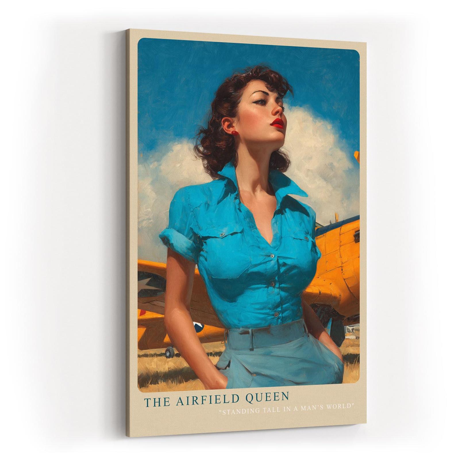 Paul Sinus Wandbild in 40x60cm The Airfield Queen mit selbstbewusster Frau im Retro-Stil vor gelbem Flugzeug für kraftvolle Wandgestaltung