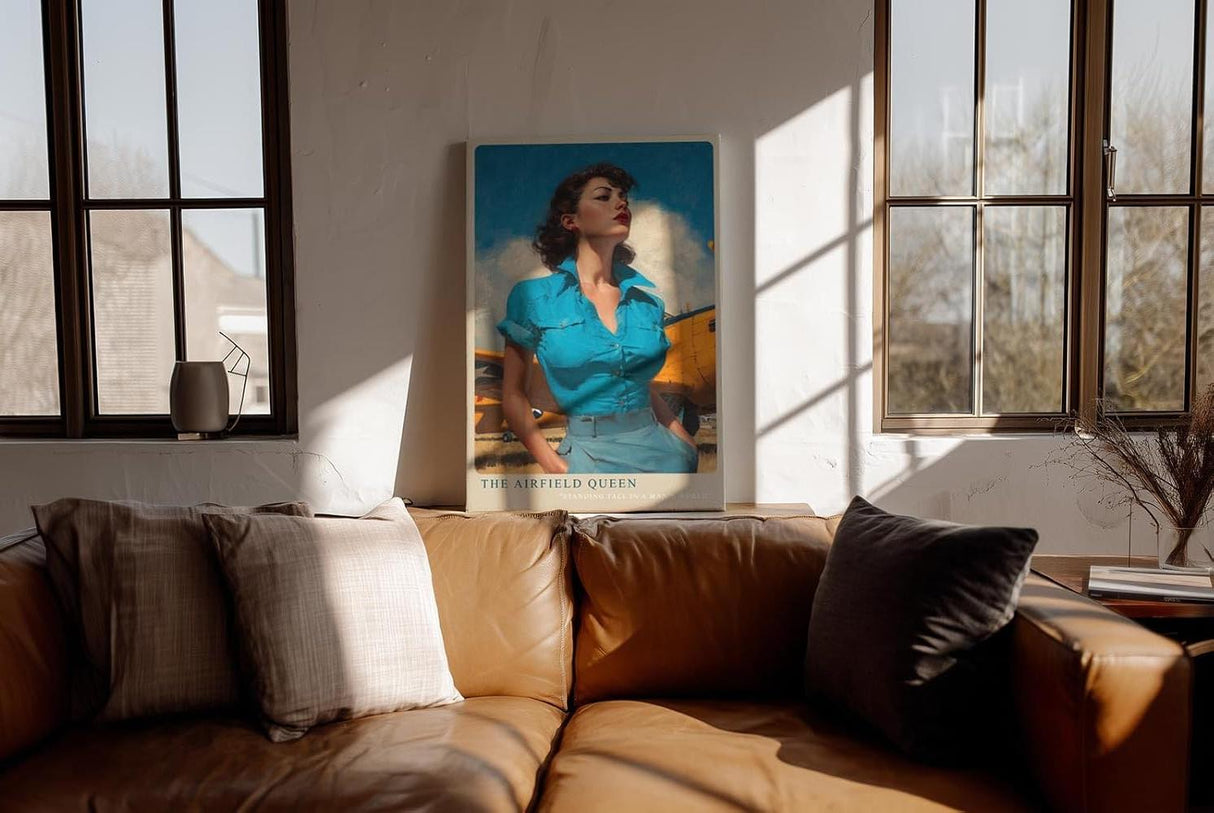 Paul Sinus Wandbild in 40x60cm The Airfield Queen mit selbstbewusster Frau im Retro-Stil vor gelbem Flugzeug für kraftvolle Wandgestaltung