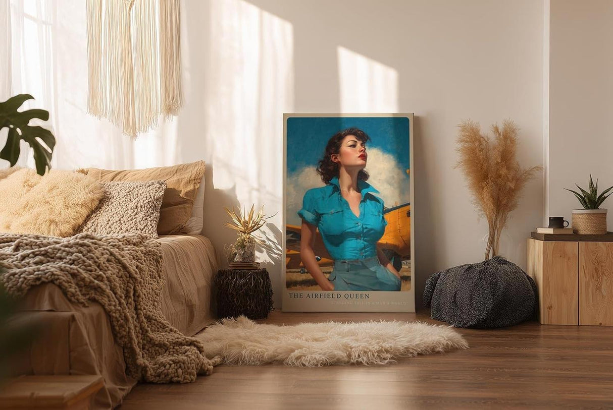 Paul Sinus Wandbild in 40x60cm The Airfield Queen mit selbstbewusster Frau im Retro-Stil vor gelbem Flugzeug für kraftvolle Wandgestaltung
