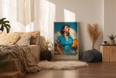 Paul Sinus Wandbild in 40x60cm The Airfield Queen mit selbstbewusster Frau im Retro-Stil vor gelbem Flugzeug für kraftvolle Wandgestaltung