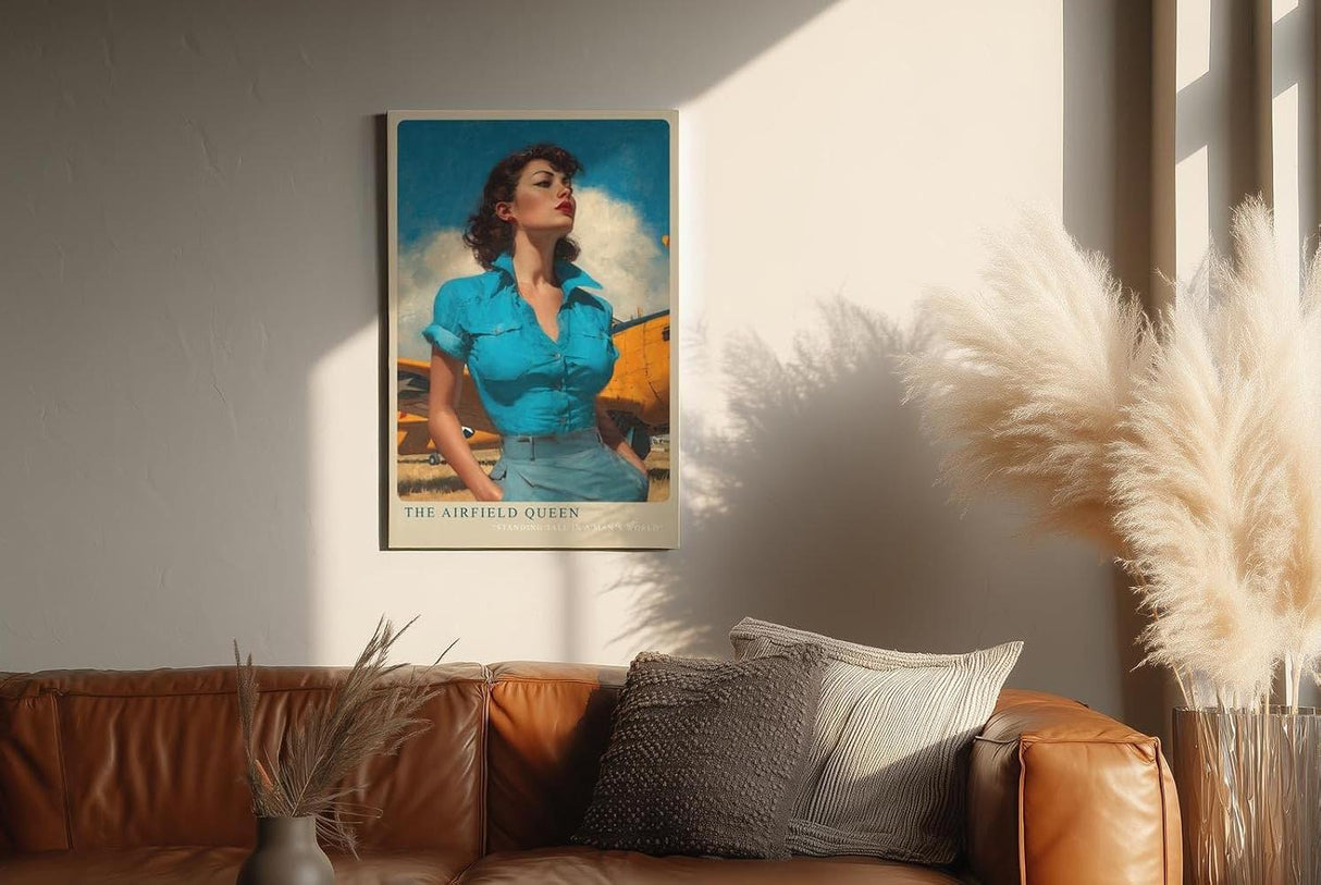 Paul Sinus Wandbild in 40x60cm The Airfield Queen mit selbstbewusster Frau im Retro-Stil vor gelbem Flugzeug für kraftvolle Wandgestaltung