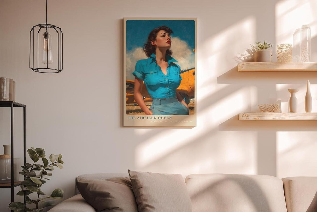 Paul Sinus Wandbild in 40x60cm The Airfield Queen mit selbstbewusster Frau im Retro-Stil vor gelbem Flugzeug für kraftvolle Wandgestaltung
