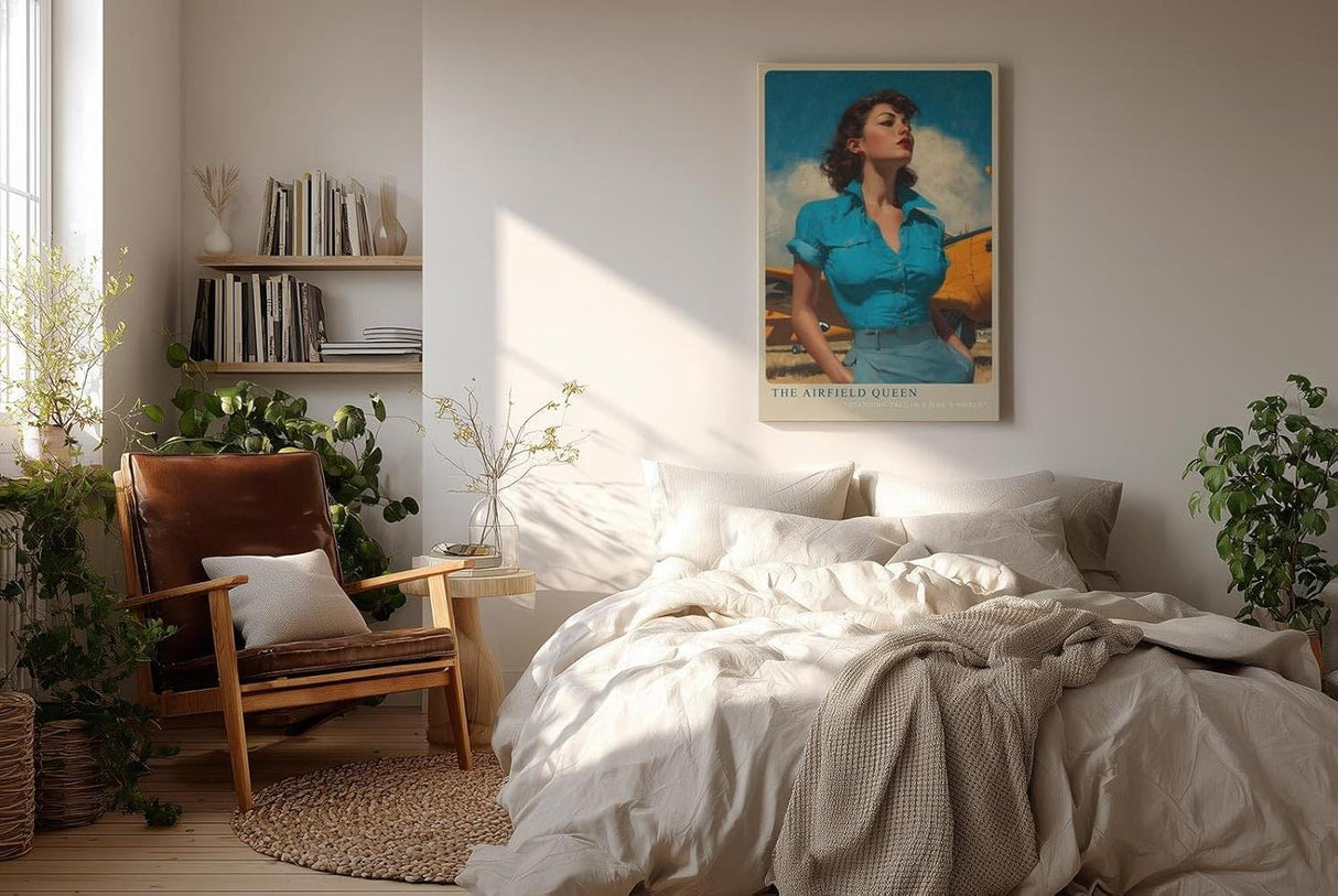 Paul Sinus Wandbild in 40x60cm The Airfield Queen mit selbstbewusster Frau im Retro-Stil vor gelbem Flugzeug für kraftvolle Wandgestaltung