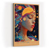 Paul Sinus Wandbild in 40x60cm The Astral Veil Künstlerisches Frauenporträt mit kosmischen Elementen und goldenen Akzenten für mystische Raumgestaltung