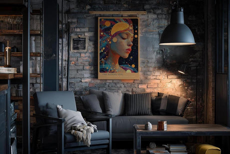 Paul Sinus Wandbild in 40x60cm The Astral Veil Künstlerisches Frauenporträt mit kosmischen Elementen und goldenen Akzenten für mystische Raumgestaltung