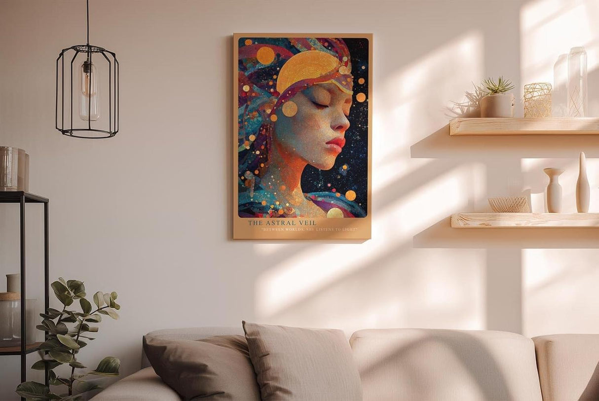 Paul Sinus Wandbild in 40x60cm The Astral Veil Künstlerisches Frauenporträt mit kosmischen Elementen und goldenen Akzenten für mystische Raumgestaltung