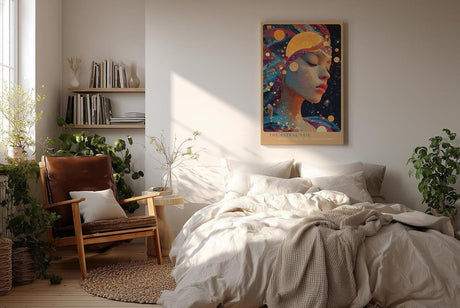 Paul Sinus Wandbild in 40x60cm The Astral Veil Künstlerisches Frauenporträt mit kosmischen Elementen und goldenen Akzenten für mystische Raumgestaltung
