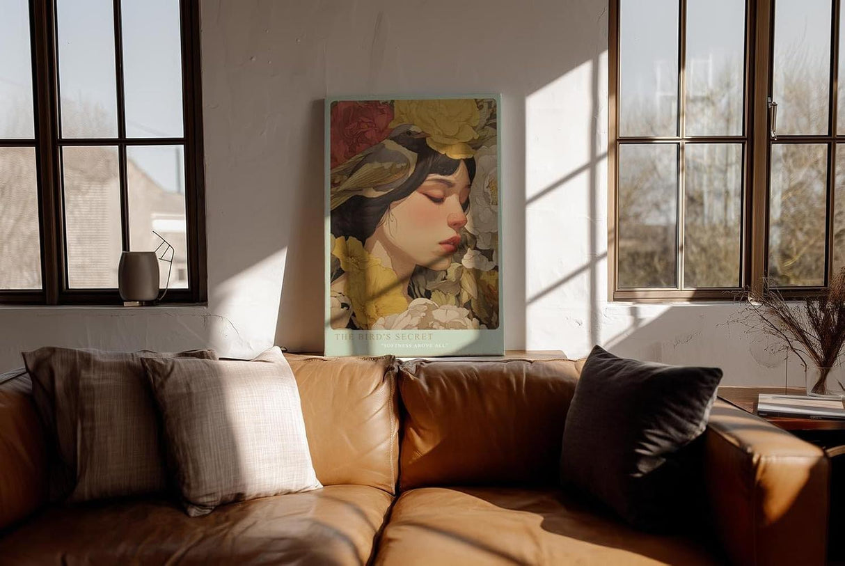 Paul Sinus Wandbild in 40x60cm The Bird's Secret – Poetisches Porträt einer Frau mit Vogel und floraler Umrahmung in sanften Farbtönen