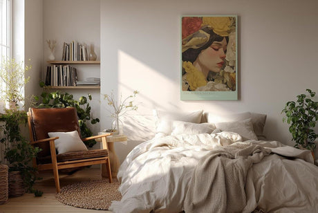 Paul Sinus Wandbild in 40x60cm The Bird's Secret – Poetisches Porträt einer Frau mit Vogel und floraler Umrahmung in sanften Farbtönen