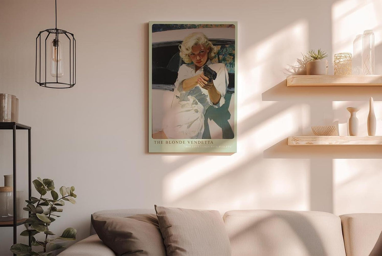 Paul Sinus Wandbild in 40x60cm The Blonde Vendetta – Blonde Frau mit Pistole im Retro-Pin-up-Stil