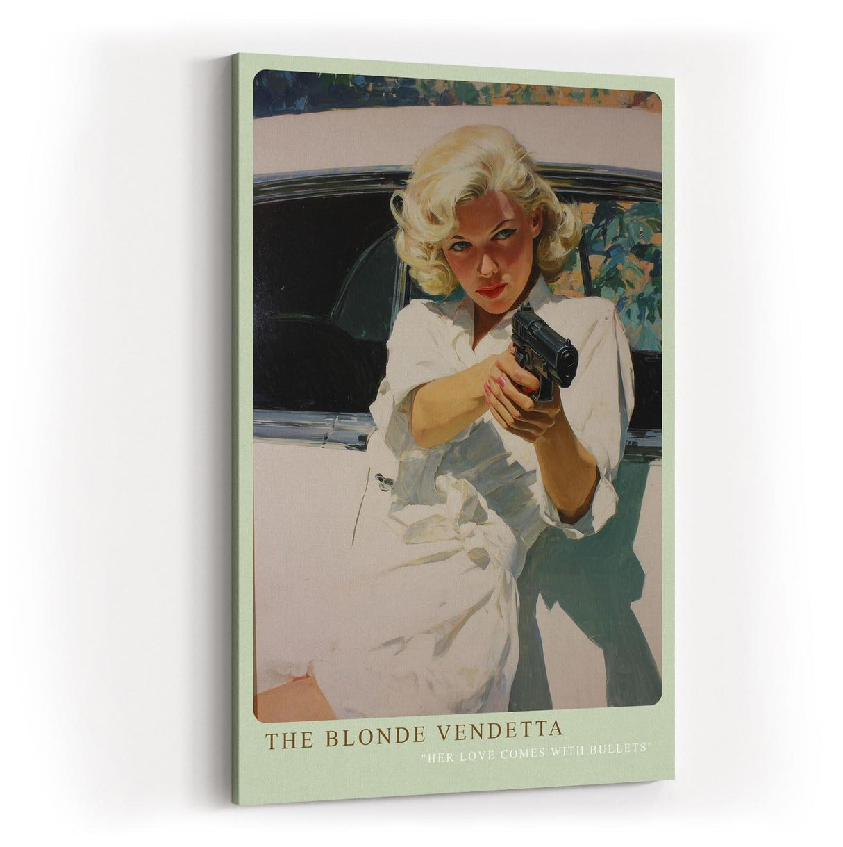 Paul Sinus Wandbild in 40x60cm The Blonde Vendetta – Blonde Frau mit Pistole im Retro-Pin-up-Stil