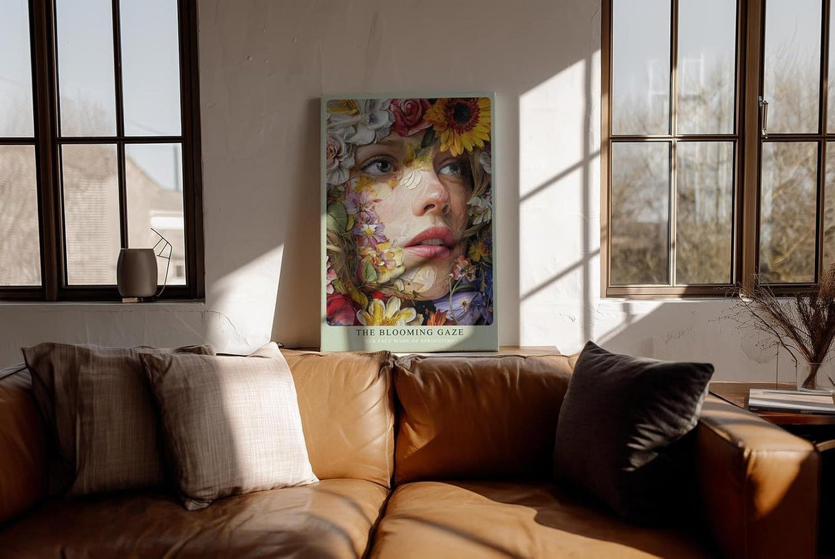 Paul Sinus Wandbild in 40x60cm The Blooming Gaze mit realistischem Frauenportrait und Blüten in leuchtenden Farben für ausdrucksstarke Wandgestaltung