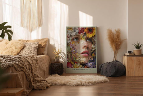 Paul Sinus Wandbild in 40x60cm The Blooming Gaze mit realistischem Frauenportrait und Blüten in leuchtenden Farben für ausdrucksstarke Wandgestaltung
