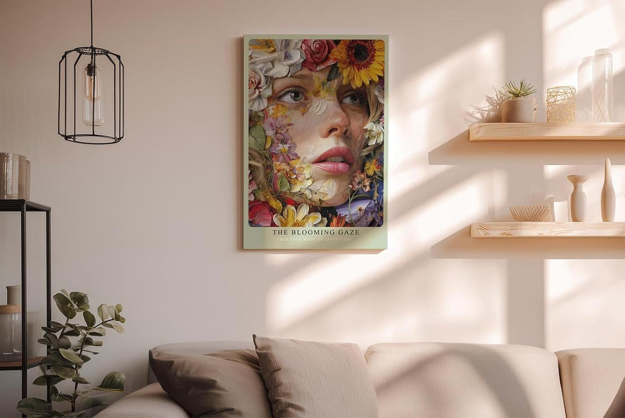 Paul Sinus Wandbild in 40x60cm The Blooming Gaze mit realistischem Frauenportrait und Blüten in leuchtenden Farben für ausdrucksstarke Wandgestaltung