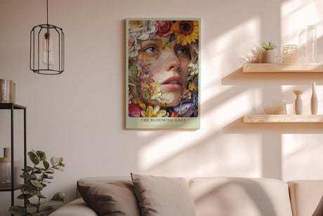 Paul Sinus Wandbild in 40x60cm The Blooming Gaze mit realistischem Frauenportrait und Blüten in leuchtenden Farben für ausdrucksstarke Wandgestaltung