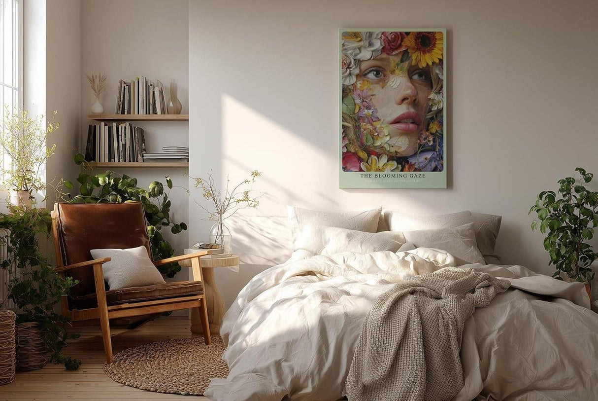 Paul Sinus Wandbild in 40x60cm The Blooming Gaze mit realistischem Frauenportrait und Blüten in leuchtenden Farben für ausdrucksstarke Wandgestaltung