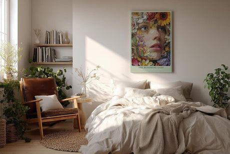 Paul Sinus Wandbild in 40x60cm The Blooming Gaze mit realistischem Frauenportrait und Blüten in leuchtenden Farben für ausdrucksstarke Wandgestaltung