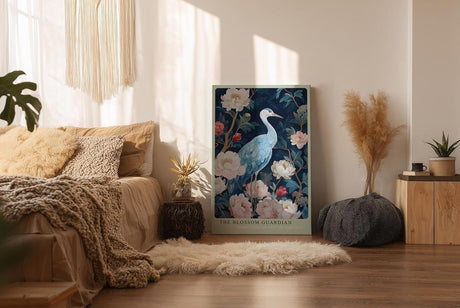 Paul Sinus Wandbild in 40x60cm The Blossom Guardian mit elegantem Kranich zwischen blühenden Pfingstrosen für harmonische Wandgestaltung
