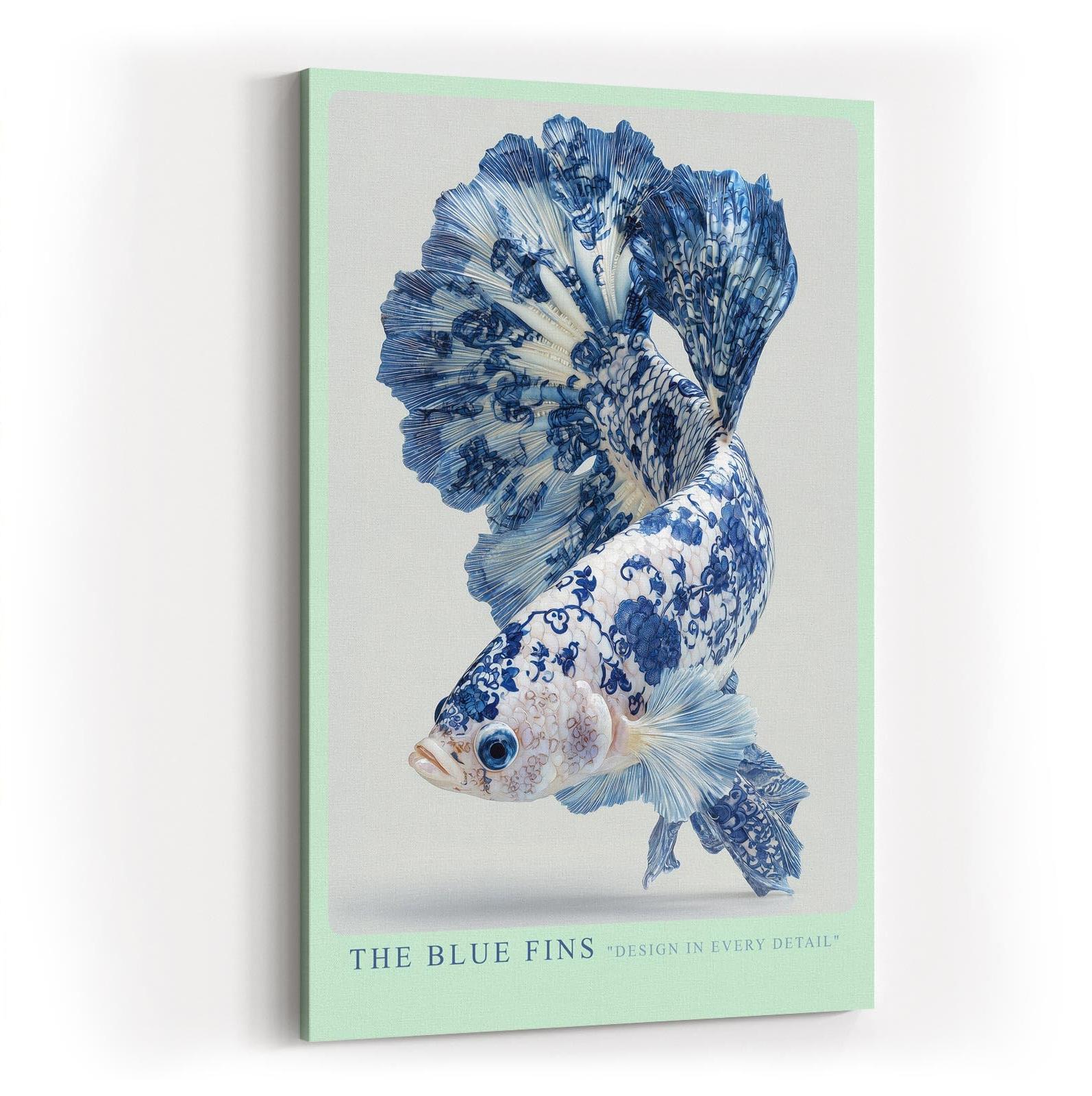 Paul Sinus Wandbild in 40x60cm The Blue Fins – kunstvoller Fisch in filigraner Blau-Weiß-Porzellanoptik für elegante Raumgestaltung