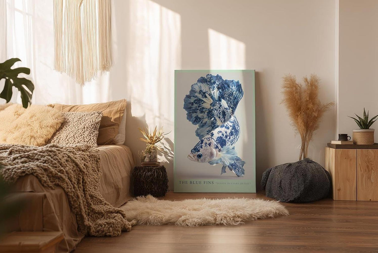 Paul Sinus Wandbild in 40x60cm The Blue Fins – kunstvoller Fisch in filigraner Blau-Weiß-Porzellanoptik für elegante Raumgestaltung