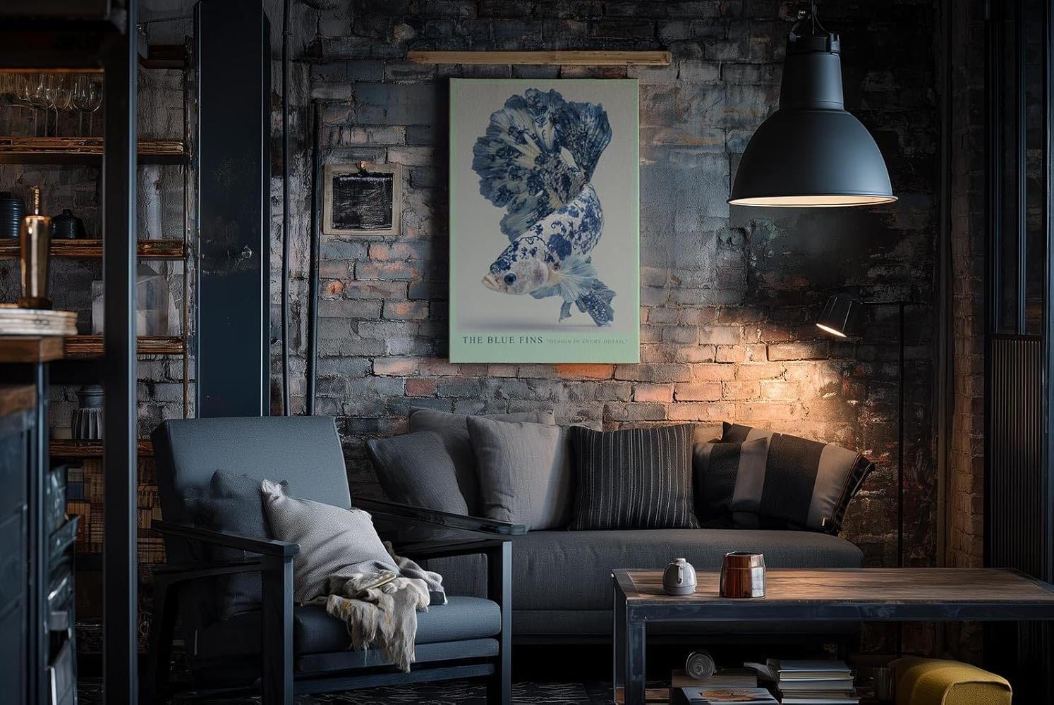 Paul Sinus Wandbild in 40x60cm The Blue Fins – kunstvoller Fisch in filigraner Blau-Weiß-Porzellanoptik für elegante Raumgestaltung