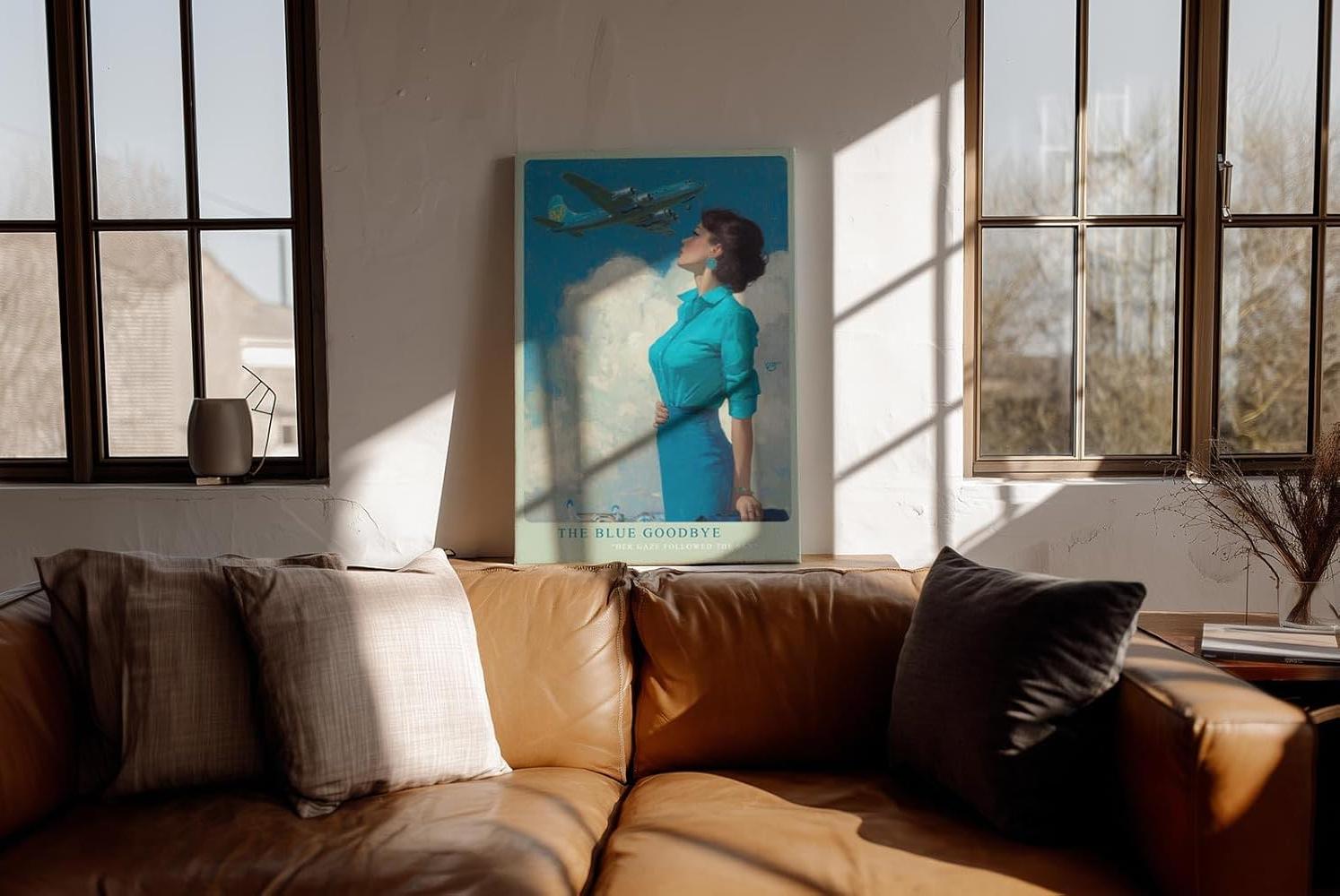 Paul Sinus Wandbild in 40x60cm The Blue Goodbye mit stilvoller Frau im Retro-Look und Flugzeug am Himmel für elegante Wandgestaltung