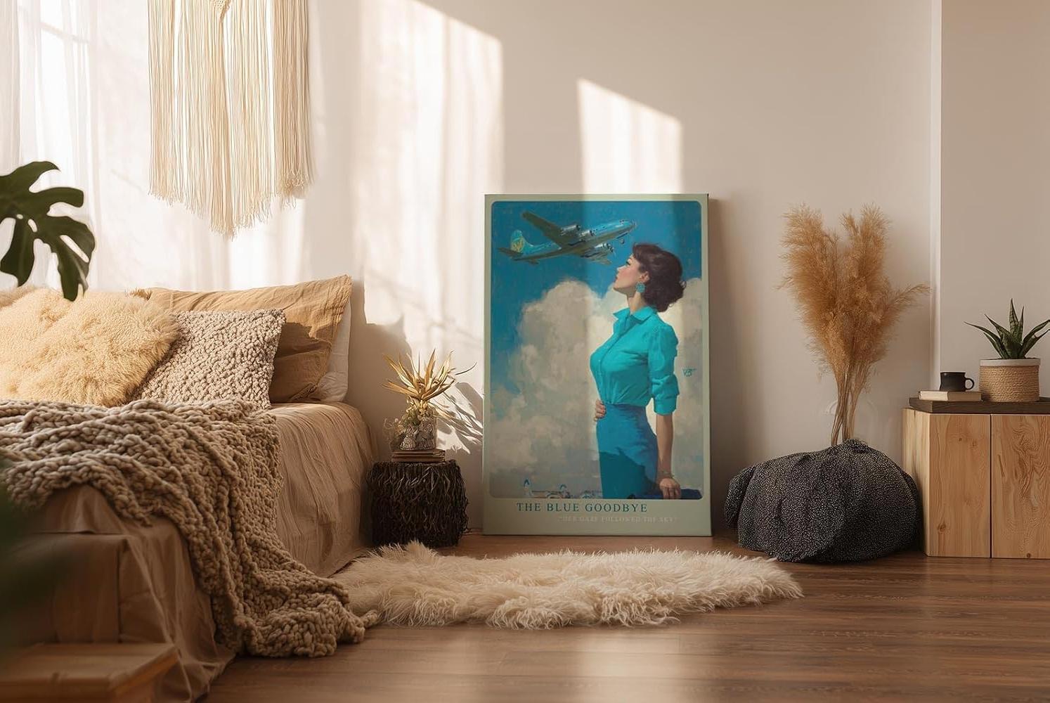 Paul Sinus Wandbild in 40x60cm The Blue Goodbye mit stilvoller Frau im Retro-Look und Flugzeug am Himmel für elegante Wandgestaltung