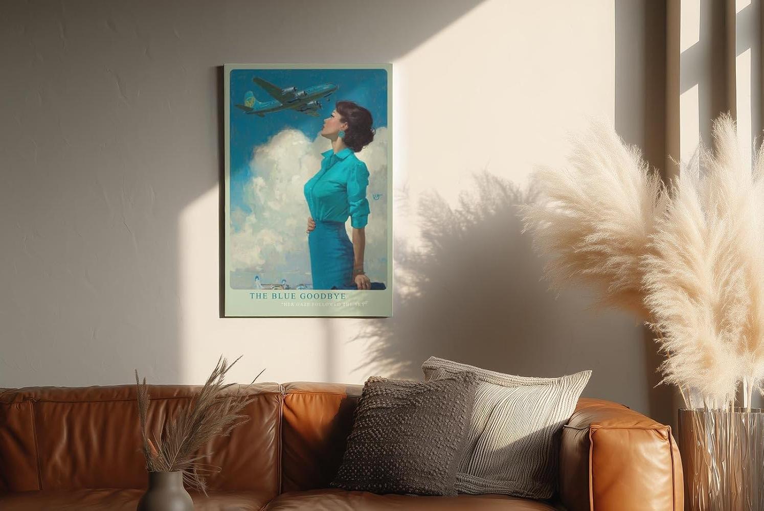 Paul Sinus Wandbild in 40x60cm The Blue Goodbye mit stilvoller Frau im Retro-Look und Flugzeug am Himmel für elegante Wandgestaltung