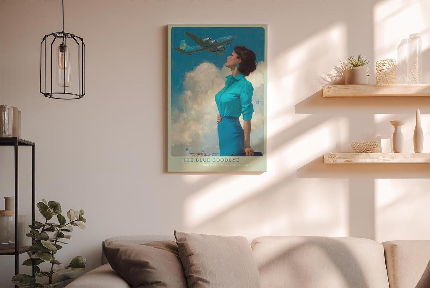Paul Sinus Wandbild in 40x60cm The Blue Goodbye mit stilvoller Frau im Retro-Look und Flugzeug am Himmel für elegante Wandgestaltung