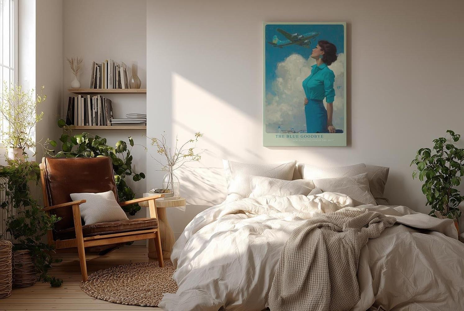 Paul Sinus Wandbild in 40x60cm The Blue Goodbye mit stilvoller Frau im Retro-Look und Flugzeug am Himmel für elegante Wandgestaltung