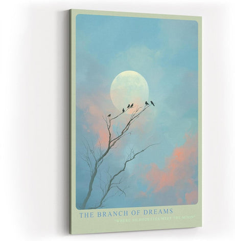 Paul Sinus Wandbild in 40x60cm The Branch of Dreams Traumhafte Landschaft mit Vögeln auf Zweigen vor großem Mond in pastellfarbenem Himmel
