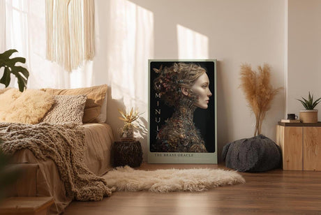 Paul Sinus Wandbild in 40x60cm The Brass Oracle Porträt einer Frau mit kunstvollen mechanischen Ornamenten und floralen Details in Gold und Messing