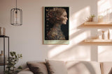 Paul Sinus Wandbild in 40x60cm The Brass Oracle Porträt einer Frau mit kunstvollen mechanischen Ornamenten und floralen Details in Gold und Messing