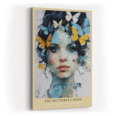Paul Sinus Wandbild in 40x60cm The Butterfly Mind – farbintensives Porträt einer Frau mit Schmetterlingen im Haar in moderner Kunstoptik
