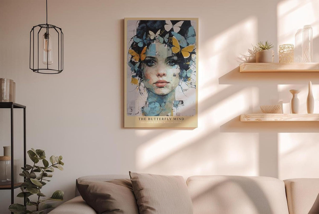 Paul Sinus Wandbild in 40x60cm The Butterfly Mind – farbintensives Porträt einer Frau mit Schmetterlingen im Haar in moderner Kunstoptik