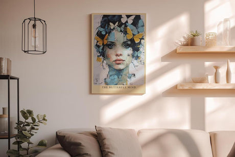 Paul Sinus Wandbild in 40x60cm The Butterfly Mind – farbintensives Porträt einer Frau mit Schmetterlingen im Haar in moderner Kunstoptik
