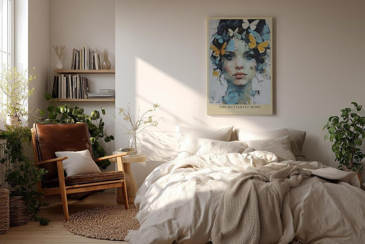 Paul Sinus Wandbild in 40x60cm The Butterfly Mind – farbintensives Porträt einer Frau mit Schmetterlingen im Haar in moderner Kunstoptik
