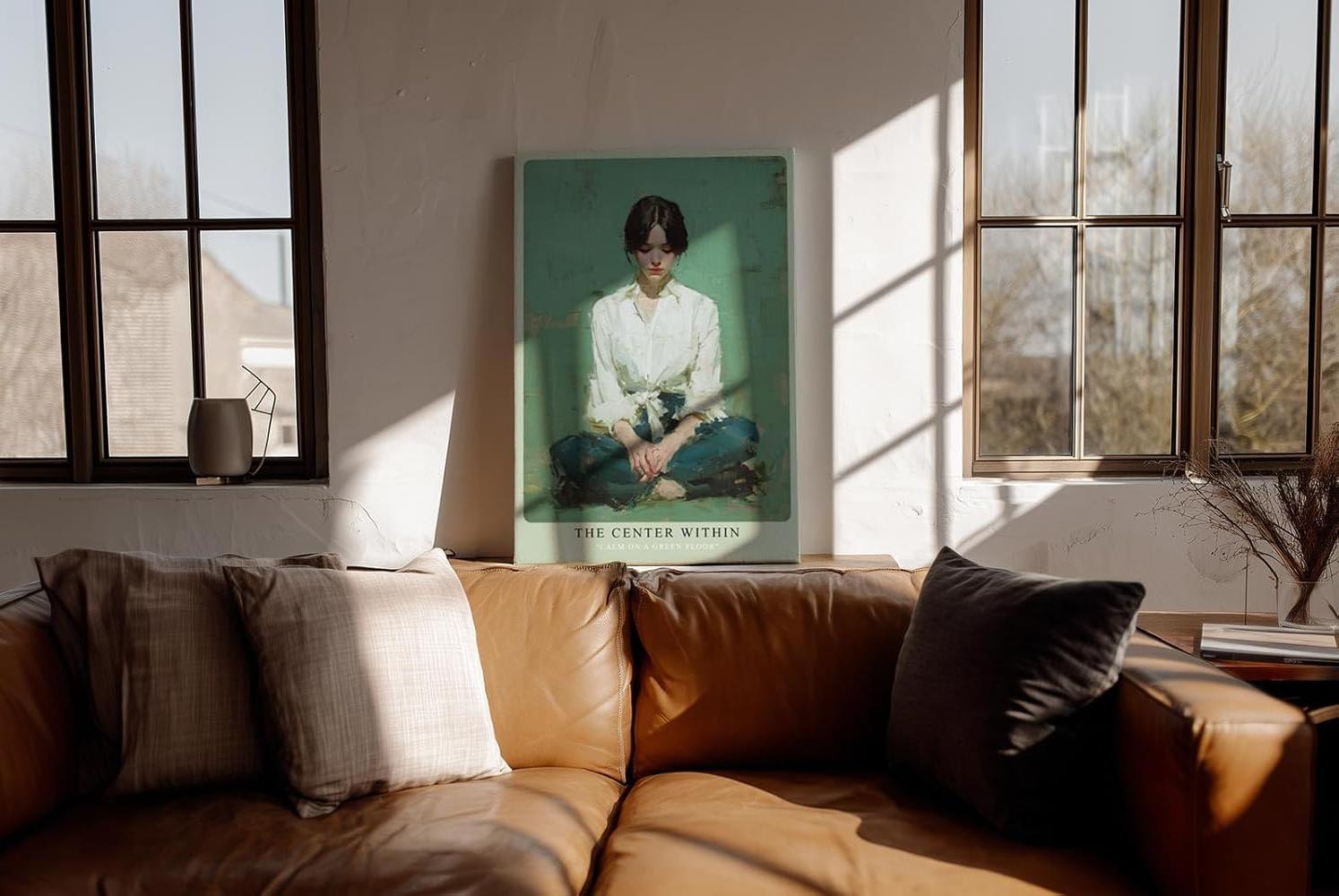 Paul Sinus Wandbild in 40x60cm The Center Within meditative Frau im weißen Hemd auf grünem Hintergrund in ausdrucksstarker Bilder