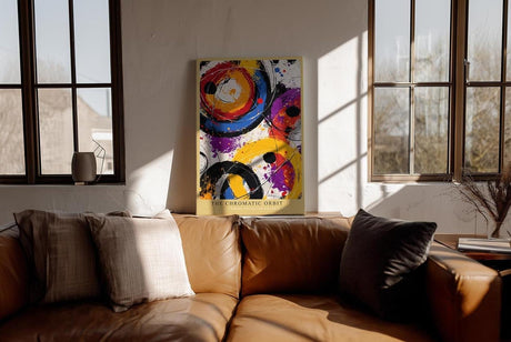 Paul Sinus Wandbild in 40x60cm The Chromatic Orbit – Abstrakte Kreisformationen in kräftigem Orange, Blau, Violett, Rot und Schwarz mit dynamischen Farbspritzern