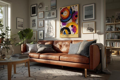 Paul Sinus Wandbild in 40x60cm The Chromatic Orbit – Abstrakte Kreisformationen in kräftigem Orange, Blau, Violett, Rot und Schwarz mit dynamischen Farbspritzern