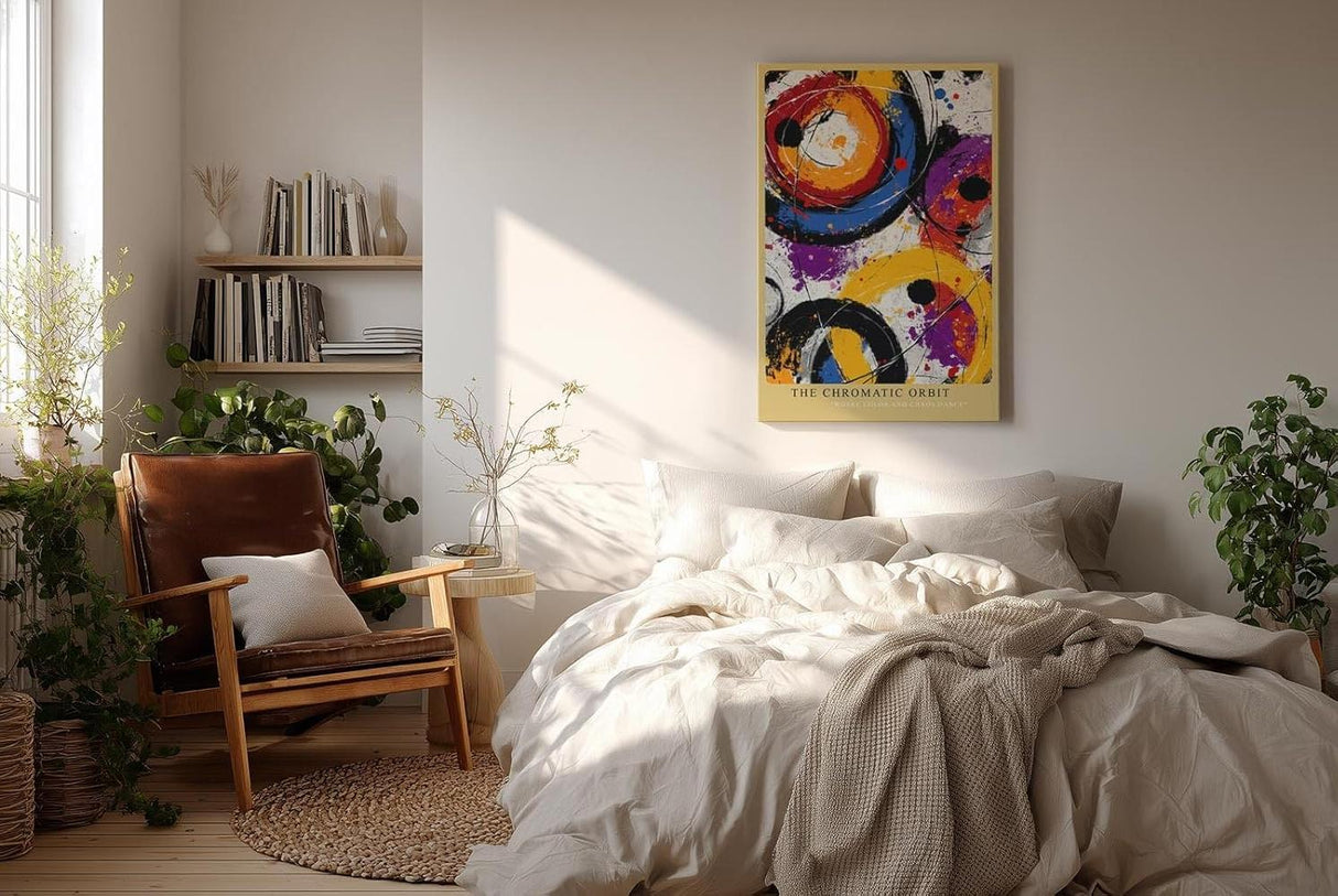 Paul Sinus Wandbild in 40x60cm The Chromatic Orbit – Abstrakte Kreisformationen in kräftigem Orange, Blau, Violett, Rot und Schwarz mit dynamischen Farbspritzern