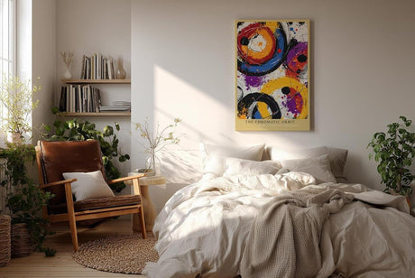 Paul Sinus Wandbild in 40x60cm The Chromatic Orbit – Abstrakte Kreisformationen in kräftigem Orange, Blau, Violett, Rot und Schwarz mit dynamischen Farbspritzern